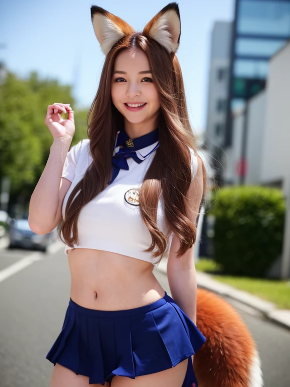 ((Best Quality, 8k)), ((masterpiece)), (Highest Resolution), Perfect Face, Woman with fox ears, Woman with a tail, Beautiful woman, She is a student at school, It was taken at school, Only one tail, She has thick thighs, Her big fox tail, I can see her fox tail, She wags her tail, With collar, She is wearing a school uniform, Big Hips , Her fox tail is sticking out, Her tail is fox-colored, Smiling with teeth showing