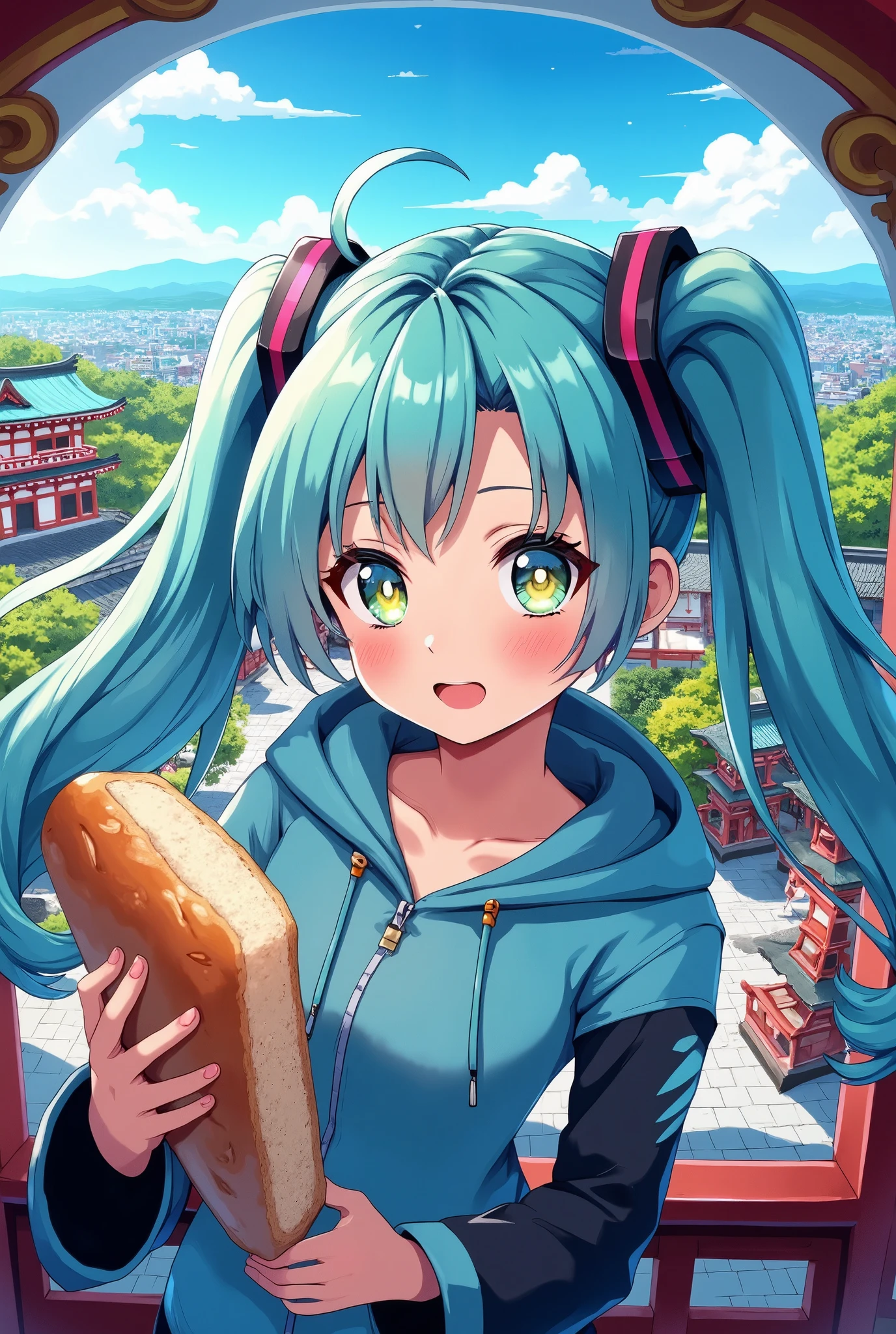 (masterpiece、Best Quality、Best Quality、Official Art、Beautiful and beautiful:1.2)、(One person:1.3)Hatsune Miku、Twin tails,Beautiful breasts,Kyoto Anime Style, pretty girl, Wearing a blue hoodie, (((Bright blue hair))), Small breasts, (((bread))), (((Small braids of hair))), Shining yellow-green eyes, Neon Eye, Best Quality, One person***, Alone, whole body, High resolution, Super detailed, Design a beautiful temple landscape, Complex architecture, Lush garden, Design an image with a fisheye lens effect, Capture a distinctive wide-angle view, Curvilinear Perspective, Create a rooftop view in Settings, Panoramic cityscape,
information
