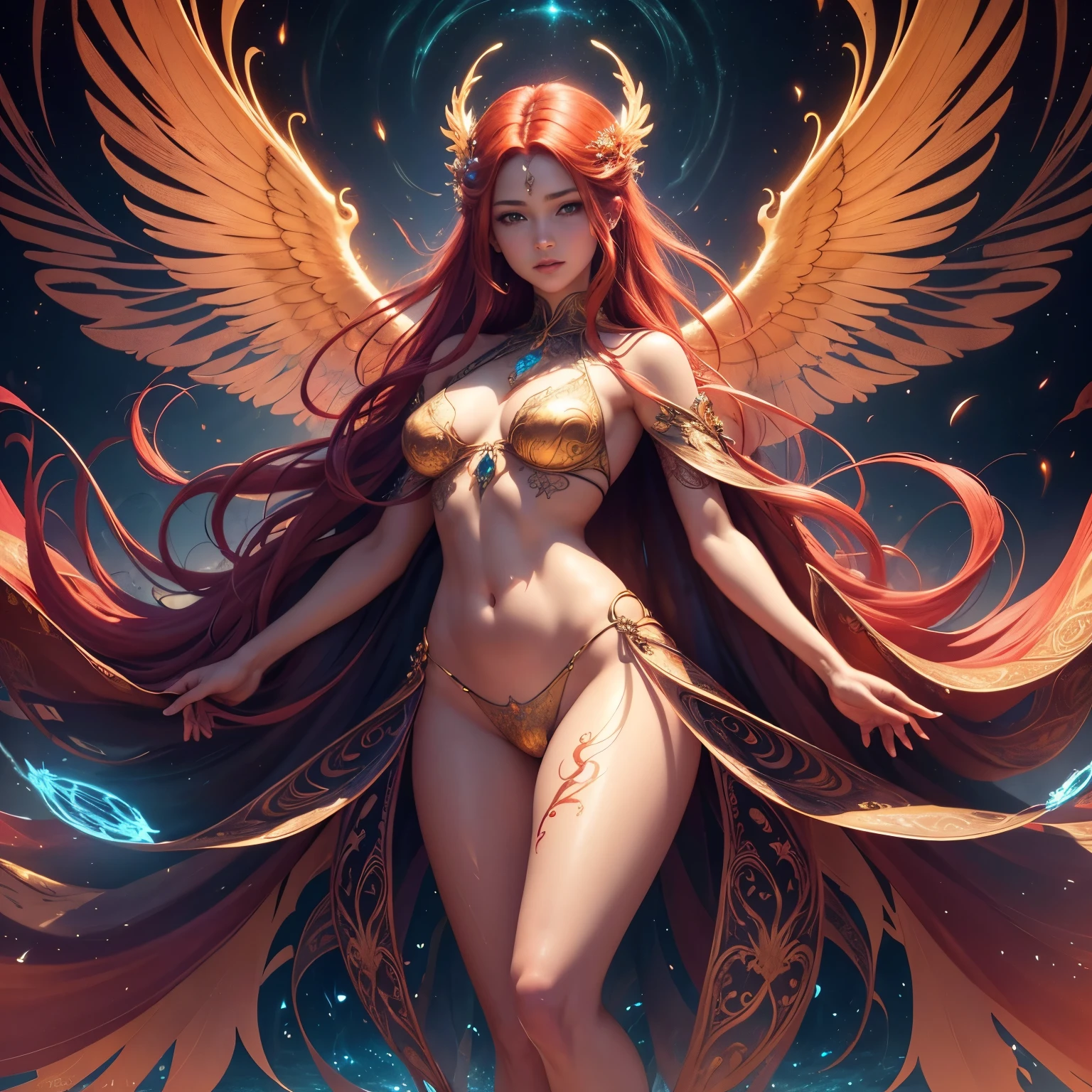 (character on her back), (((a warrior-backed goddess with golden glow, with wings on her back, flying in the blue sky))), (on her back), a half-demon female angel with white wings and flying in the sky, on her back, long red hair, green eyes, very beautiful, sensual, in transparent nightgown, thick lips with red lipstick, thin waist, wide hips, thick legs, belly out, smiling, full body, super detailed, ultra realistic, 4K, anime style, background with mountains and blue sky with pasture, sensual dynamic pose, body covered with dew, reflection of lights in the hair and dew, necklace of precious stones, gold and ruby bracelet, glistening earrings, lightly made up, nails painted red, pink blush on the cheeks, eyes with eyeliner, eyelashes, lightly made up eyes, dew drops all over the body, wet body, gold navel piercing, golden sandals braided up to the shin, flowering garden in the background with rays of sunshine, wearing gold and ruby tiara, ((golden tribal tattoo)), large breasts with shivering beak, (((tattooed body))), wearing golden armor with jewels, with golden aura, gleaming, bright, floating, flying, flapping wings, (((surrounded by golden energy)), (((surrounded by white and golden aura))), emanating energy, action and fighting pose, (same character front, profile, back), emanating red power, golden ball of energy, flames, fire, lightning, holding bow and arrow, futuristic golden halo, burning armor, fire, explosion, fireball, fire star, star, intense brightness, light, character back, character profile, showing ass, ass, v--4, full body, full body with feet, sensual