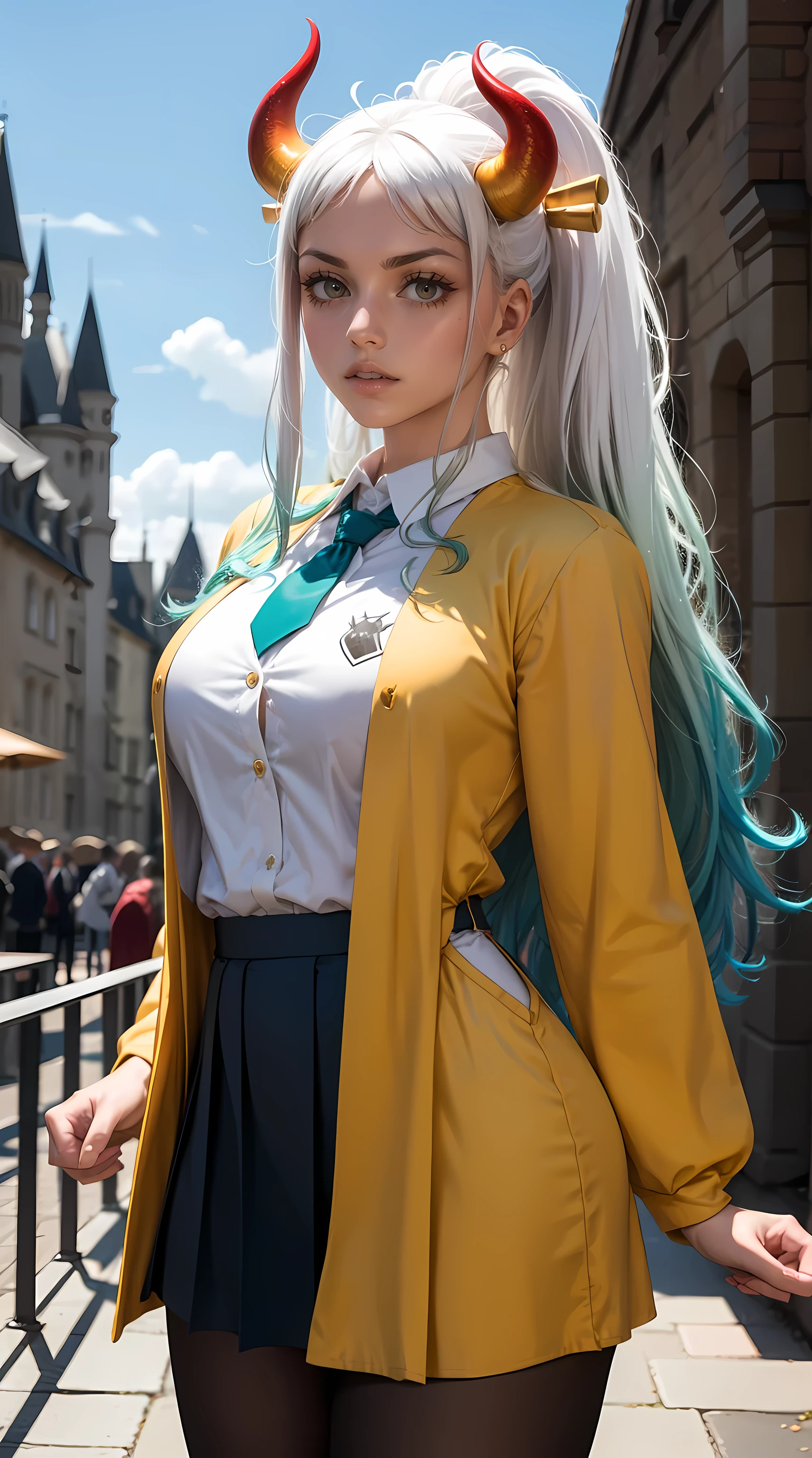 Beautiful white hair with teal highlights woman is shown to have a sexy figure, She is wearing Hogwarts yellow witch robes, yellow robes, jewelry, British yellow school uniforms under robes, red horns, school vest and tie, school skirt, pantyhose, she has orange eyes,Girl is standing in front of castle , sexy session, posing, cowboy shot, superior quality, many details, realistic