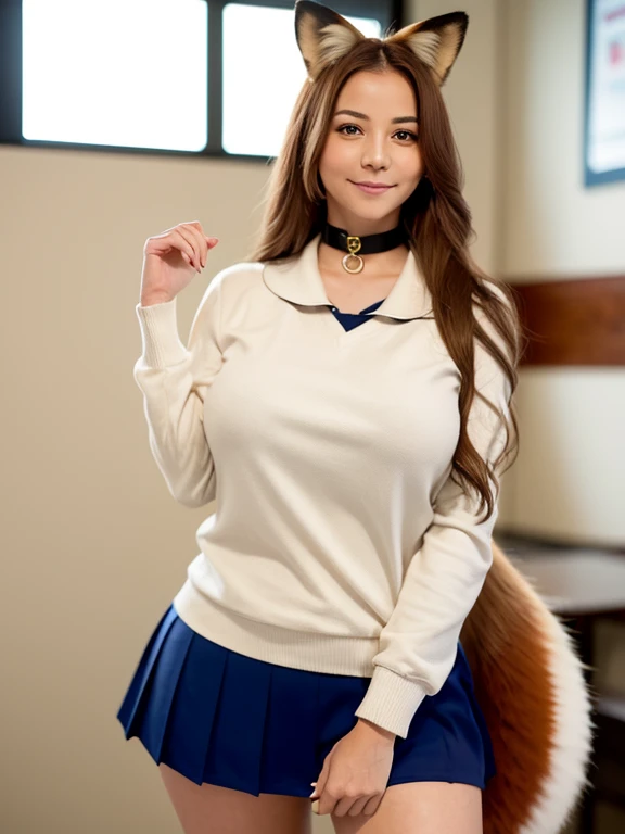 ((Best Quality, 8k)), ((masterpiece)), (Highest Resolution), Perfect Face, Woman with fox ears, Woman with a tail, Beautiful woman, She is a student at school, It was taken at school, Only one tail, She has thick thighs, Her big fox tail, I can see her fox tail, She wags her tail, With collar, She is wearing a school uniform, Big Hips , Her fox tail is sticking out, Her tail is fox-colored