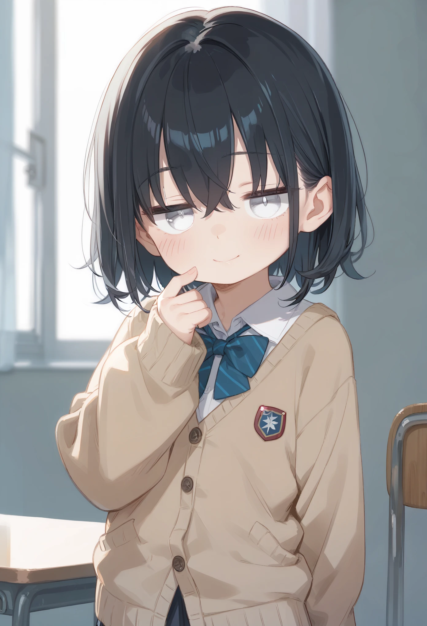 1girl, Alone, medium hair, Black Hair, wearing school uniform, Cardigan, over white eyes, accurate eyes, cute, , cowboy shot, straight hair, baby face, sm, Confused between eyes, jitome, blush, blank eyes, seductive smile