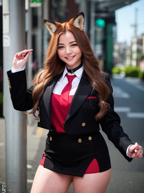 ((Best Quality, 8k)), ((masterpiece)), (Highest Resolution), Perfect Face, Woman with fox ears, Woman with a tail, Beautiful woman, She is a student at school, It was taken at school, Only one tail, She has thick thighs, Her big fox tail, I can see her fox tail, She wags her tail, With collar, She is wearing a school uniform, Big Hips , Her fox tail is sticking out, Her tail is fox-colored, Smiling with teeth showing