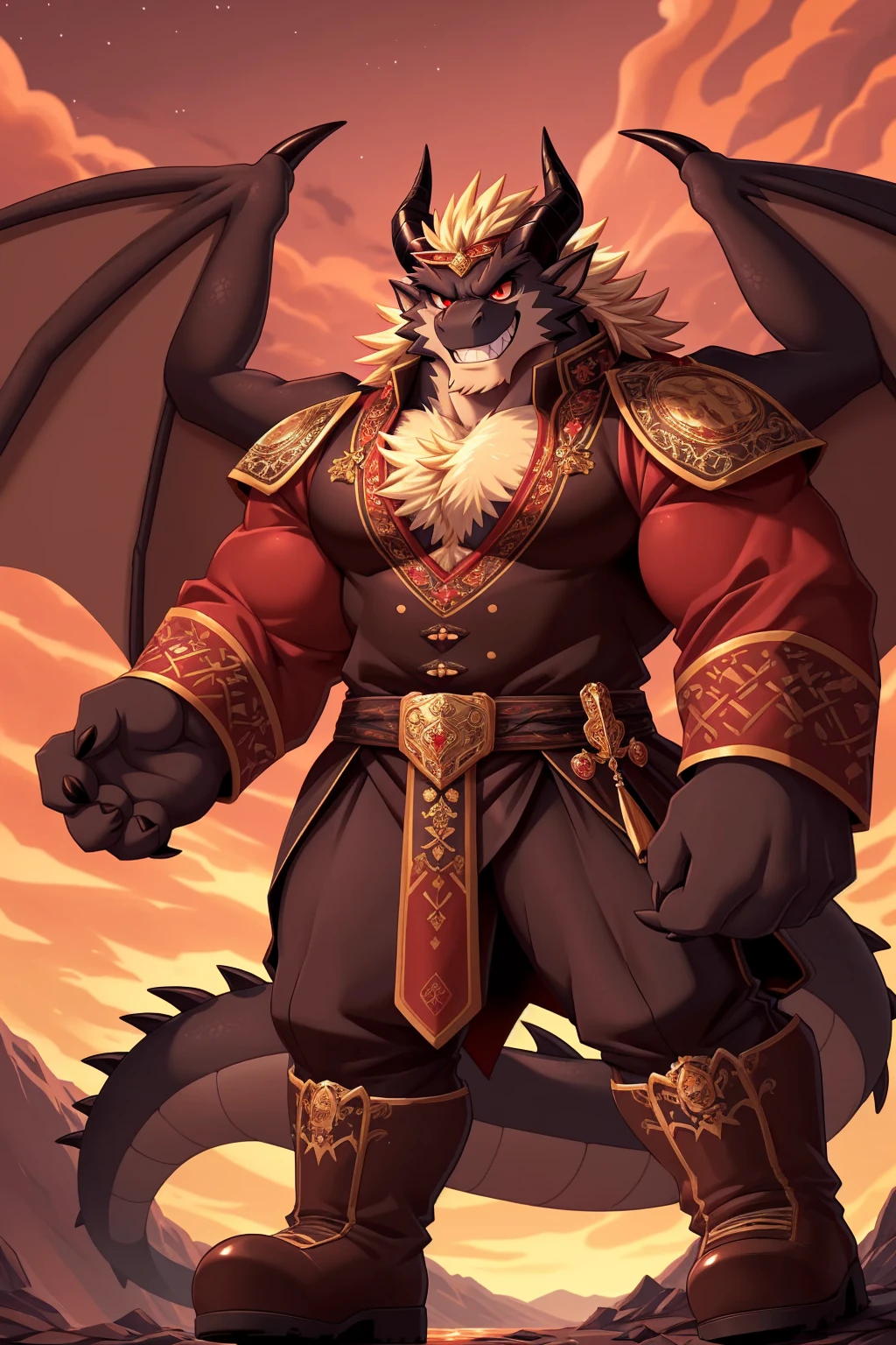 (sfw:1.5), male focus, Handsome 1boy, solitary, single，protrait photo, (Light blond thick eyebrows:1.3), (Black nails, Black Claws:1.3), (Dark brown dragon wings, Translucent wing membrane:1.5), Dark brown skin, Light blond chest hair, Light golden belly hair, (Dark brown tail:1.4), White fangs, (Perfect red eyes:1.4), (Dark brown ears, Dark brown body:1.3), (Dark brown thick horns, Dark brown horns, Dark brown curved horns:1.4), (黑棕色的Dragon Tail:1.2), (Light blond hair:1.4), Beige chest, 
demon, feet, Demom, devil, devil boy, devil body, Demom boy, Demom body, (evil eyes, big eyes, large eyes:1.4), (Dragon Tail:1.4), (Chubby, The body is huge, Larger face:1.2), (Bare neck, Bare wrists:1.4), 
(Royal Guards, Tang Dynasty official uniform:1.5), (Dark brown clothing:1.4), (brown belt:1.3), (Dark brown boots, Red shoelaces:1.2), (Red clothes texture:1.3), (Mars splashes, spark:1.2), 
(full body:1.4), (Mature men:1.5), (Tall and strong, Strong body, muscle,Strong male, muscle男:1.3), (Thick arms, Strong and strong legs, Strong legs:1.3), (look up, flight, Standing:1.3), (Looking at the audience, Focus, Eyes gaze:1.2), (grace, charming, charm, arrogant:1.3), (evil smile, evil grin, Smirk:1.3), 
full background, Night, Mountains and rivers, hell, confusion, magma, flame, Broken Ground, 
Mysterious and romantic atmosphere, Caustic lines(refraction, polarization)Perfect anatomical structure, absurd, Detailed background, (Delicate eyes:1.3),Printing style。((artist:Takemoto Arashi))