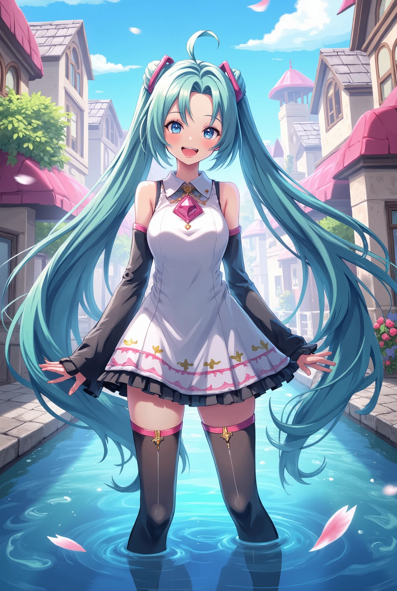 (masterpiece、Best Quality、Best Quality、Official Art、Beautiful and beautiful:1.2)、(One person:1.3)Hatsune Miku、Twin tails,Beautiful breasts,(masterpiece、Please redeem、Please redeem、Official Art、Beautiful and beautiful:1.2)、(One Girl:1.3)Hatsune Miku、Twin tails,Big Breasts,Absurd, High resolution,, (One Girl, Alone), Big Eyes,, Townscape,, (Water effect, Light effects, The wings flutter:1.2),Chubby