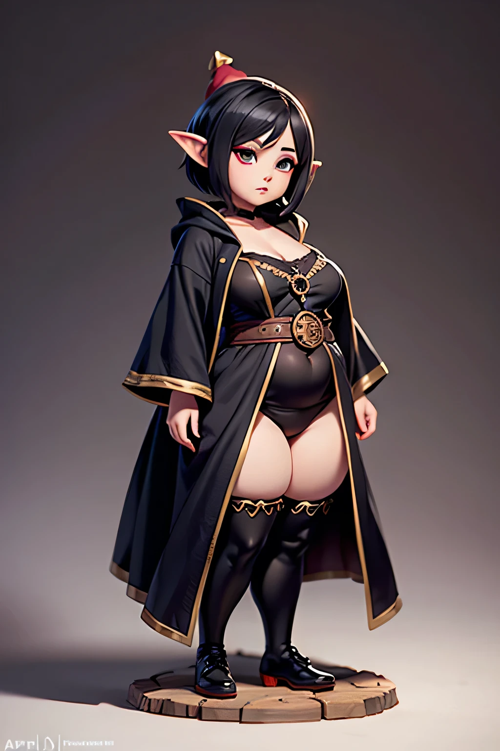 Gnome female, magic power, anime, round face, plump, full body, fantasy style, short hairstyle, black hair, gothic makeup, appatic face, magic robe, power pose, pale skin, flat chest, fantasy background, many details, shortstack, deep decollete, high quality