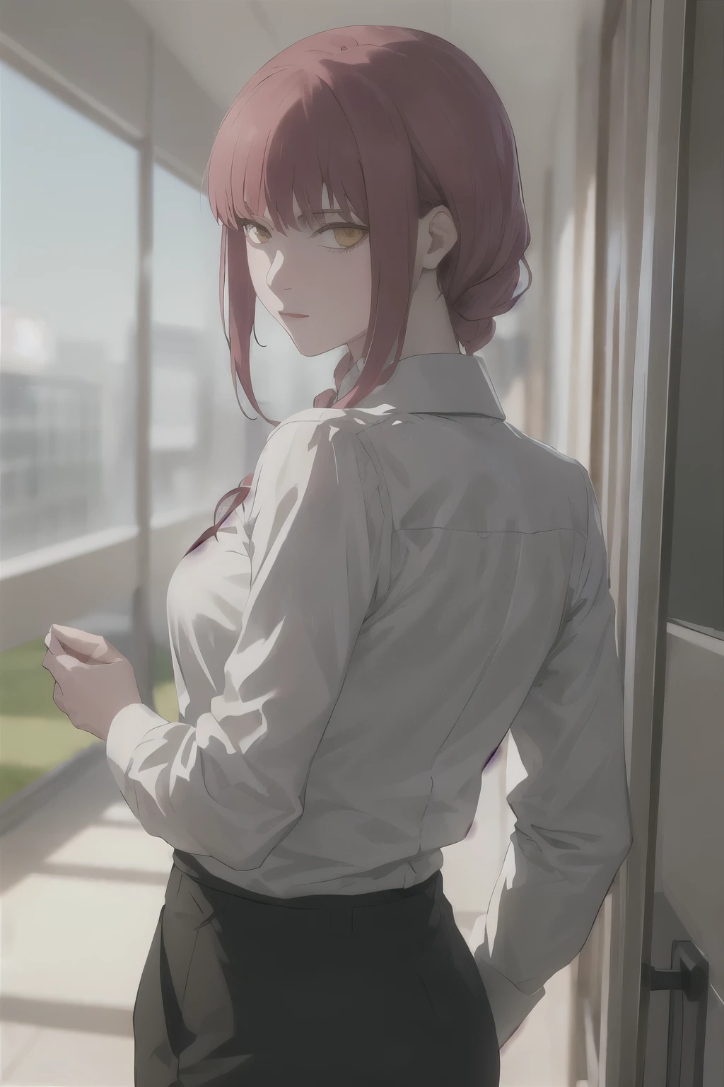 masterpiece, best quality, ultra-detailed, Potrait of beautiful MakimaCSM, solo, shirt, long_sleeves, white_shirt, collared_shirt, pants, from_behind, arms_behind_back, black_pants, formal, suit, arm_behind_back, shirt_tucked_in, facing_away, office_lady, business_suit, high-waist_pants, volumetric lighting, best quality, masterpiece, intricate details, tonemapping, sharp focus, hyper detailed, trending on Artstation,