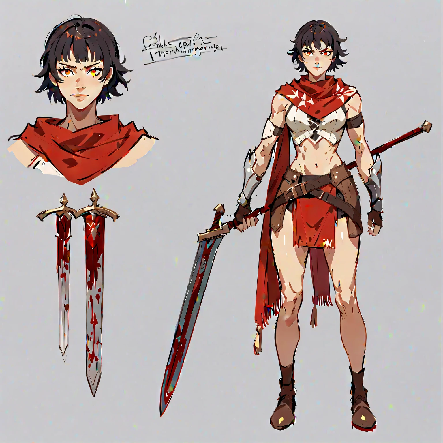 drawn a young woman, of average and athletic build, slightly muscular, short black hair, amber eyes almost golden, she wears light armor, a blood red scarf, a large and massive Berserker sword, she is afraid of nothing and no one,malicious smile, sketch, concept sheet 