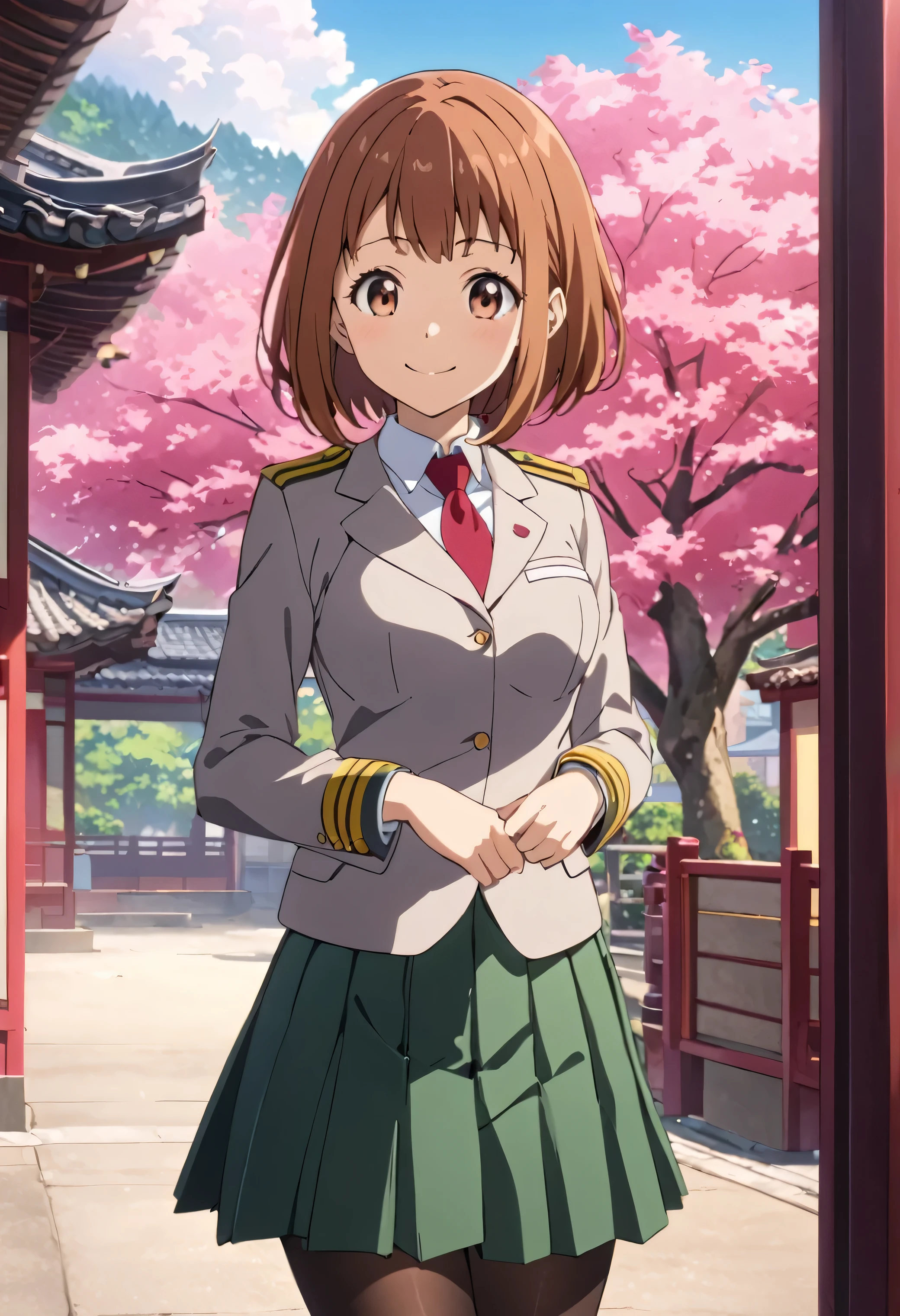 best quality, amazing quality, very aesthetic, absurdres,uraraka ochako,anime screencap, 1girl,solo, brown hair,brown eyes,short hair,smile,medium breasts,u.a. school uniform,white collared shirt,red necktie,epaulettes,grey jacket,green pleated skirt,black pantyhose,long sleeves, outdoors,east asian architecture,town, looking at viewer,pink tree,(from side:0.6),hand on own elbow,