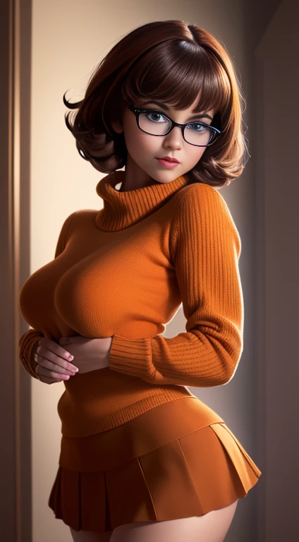 (masterpiece:1.2), (best quality), (ultra detailed), (8k, 4k, intricate),(full-body-shot:1), (highly detailed:1.2), (detailed face:1.2), ((portrait)), (dynamic pose:1.2)  Velma, 1girl, solo, bare breasts, looking at viewer, short hair, skirt, large breasts, brown hair, brown eyes, pantyhose, pleated skirt, glasses, pulling her sweater up, orange sweater exposed breasts, ((full body))