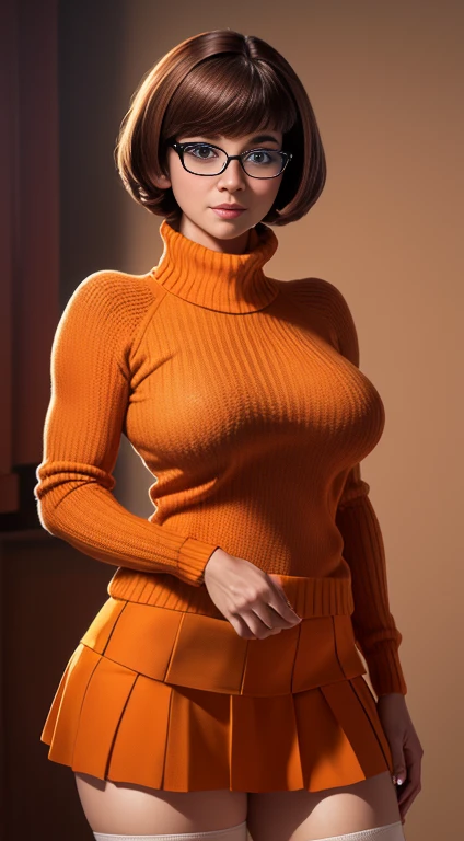 (masterpiece:1.2), (best quality), (ultra detailed), (8k, 4k, intricate),(full-body-shot:1), (highly detailed:1.2), (detailed face:1.2), ((portrait)), (dynamic pose:1.2)  Velma, 1girl, solo, bare breasts, looking at viewer, short hair, skirt, large breasts, brown hair, brown eyes, pantyhose, pleated skirt, glasses, pulling her sweater up, orange sweater exposed breasts, ((full body))