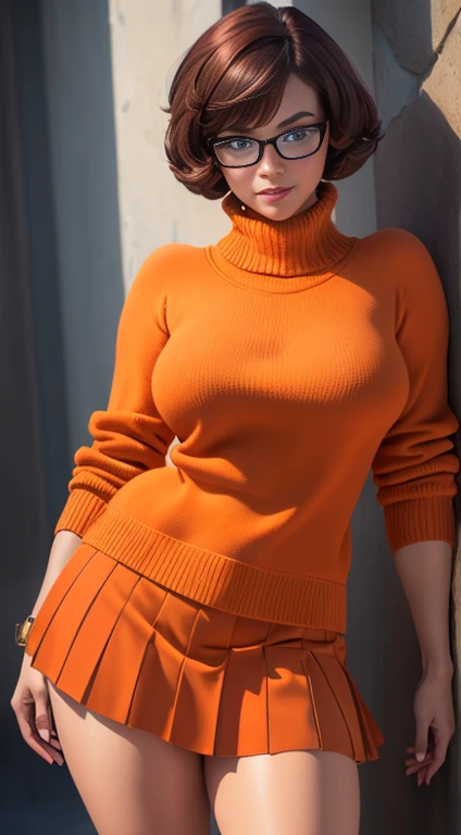 (masterpiece:1.2), (best quality), (ultra detailed), (8k, 4k, intricate),(full-body-shot:1), (highly detailed:1.2), (detailed face:1.2), ((portrait)), (dynamic pose:1.2)  Velma, 1girl, solo, bare breasts, looking at viewer, short hair, skirt, large breasts, brown hair, brown eyes, pantyhose, pleated skirt, glasses, pulling her sweater up, orange sweater exposed breasts, ((full body))