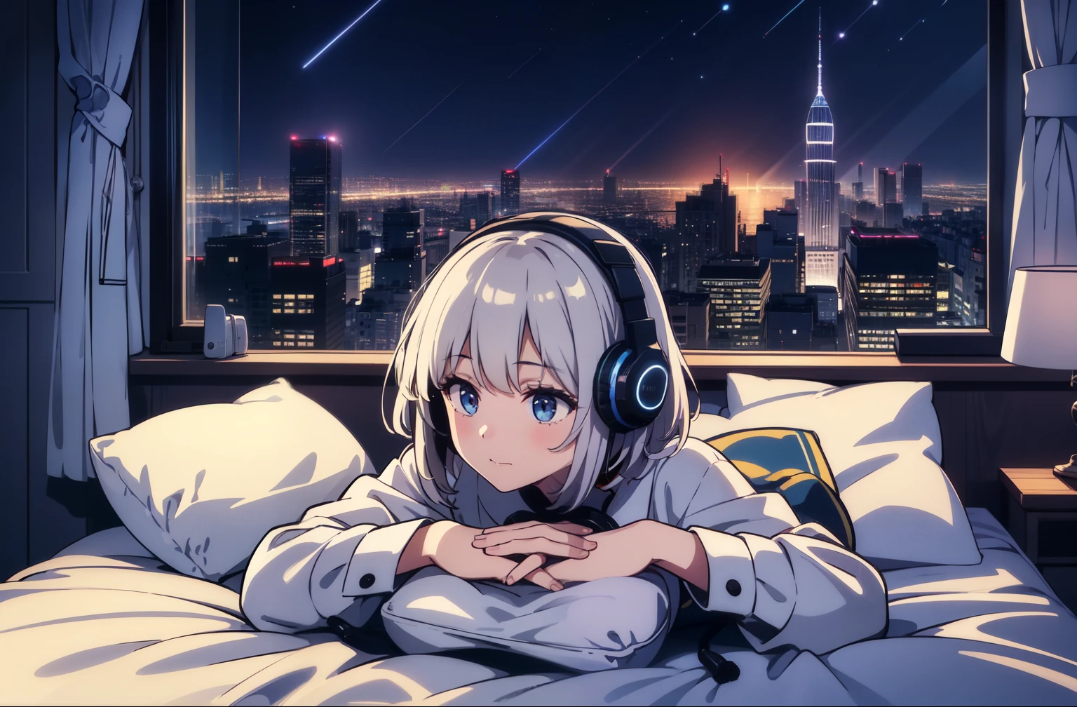 midnight　A beautiful girl is lost in thought while listening to music with headphones on the sofa in her room　warm lighting　Outside the window, the starry sky spreads out　Japanese anime style