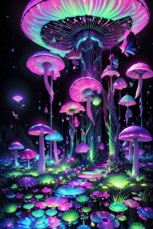 Highly detailed neon art, mushroom forest, blacklight tapestry, stunning photography, photorealistic, art station, soft pastel colours, highly detailed, intricate, path tracing, illustration, insanely detailed, shadow mapping volumetric light, specular lighting