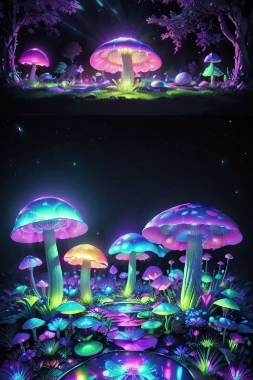 Highly detailed neon art, mushroom forest, blacklight tapestry, stunning photography, photorealistic, art station, soft pastel colours, highly detailed, intricate, path tracing, illustration, insanely detailed, shadow mapping volumetric light, specular lighting