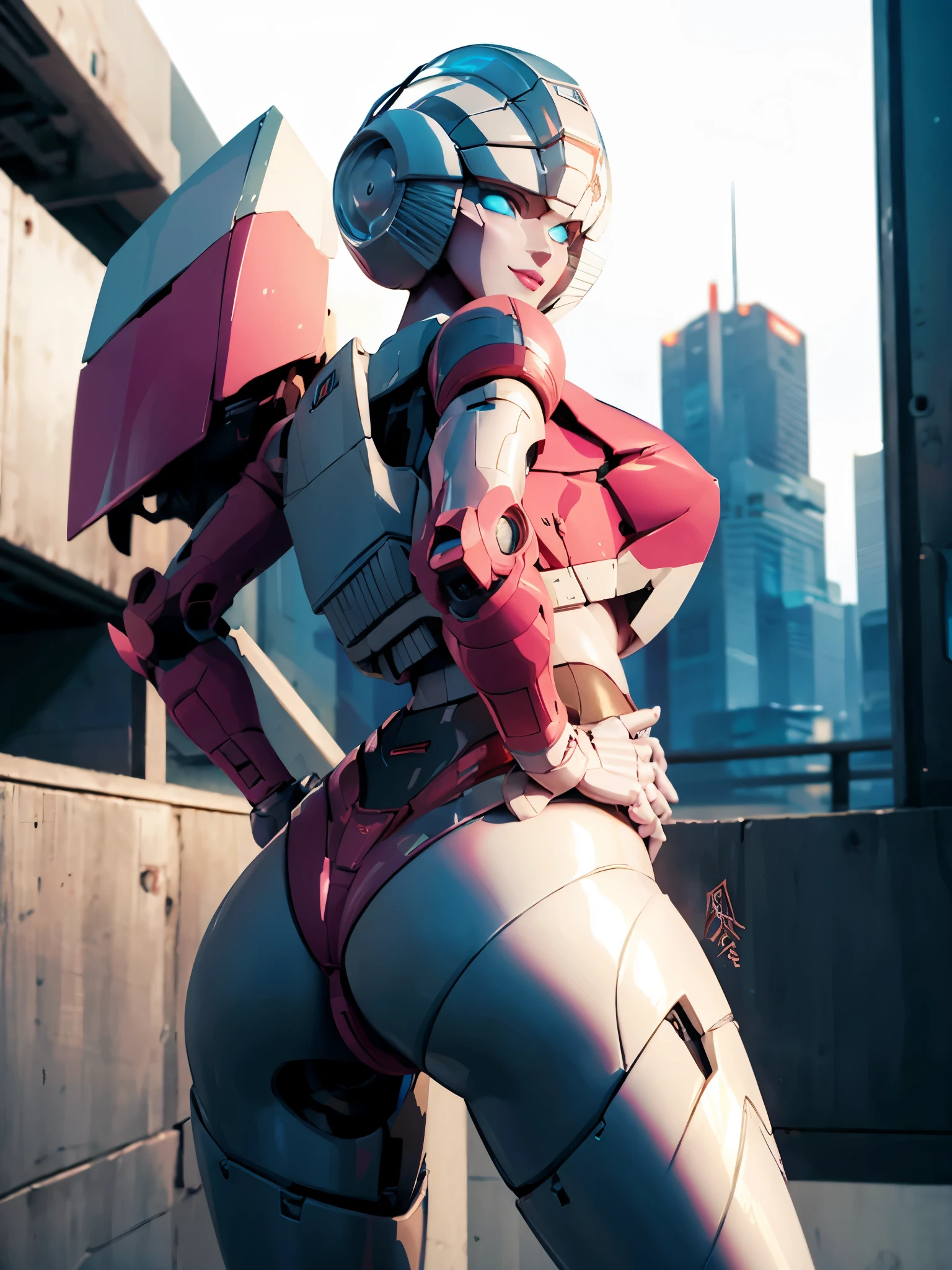 arcee_g1, robot, mecha, autobot, sexy pose showing off butt, in a parking garage, looking back, seductive smile,