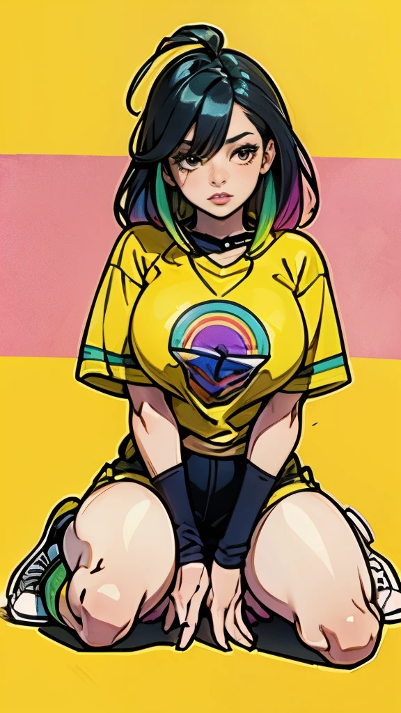 masterpiece wallpaper, The best quality, 1 girl, CABELLO MORADO, collect, yellow sweatshirt, shorts, loose socks, sneakers, seiza, Looking at the viewer, big breasts, shiny skin, Abstract background, bright colors, hacia arriba, rainbow theme