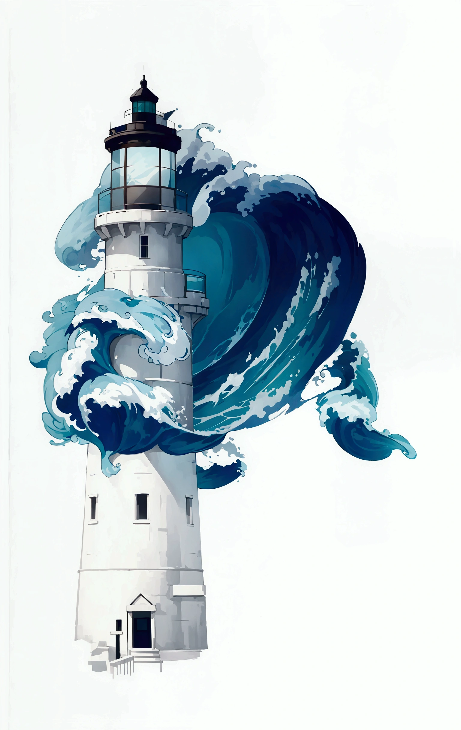 there is a lighthouse with a large wave coming up from it, towering wave, lighthouse, [lighthouse, large wave, giant wave, stylized digital illustration, torment and wave, big wave, Full color digital illustration, wave of energy, blue crashing wave, Big Wave, ((wave, vast ocean, rough wave, big mac, azure wave of water, crashing wave，Vector