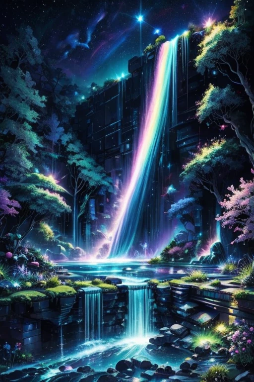 nighttime landscape with a majestic iridescent waterfall 