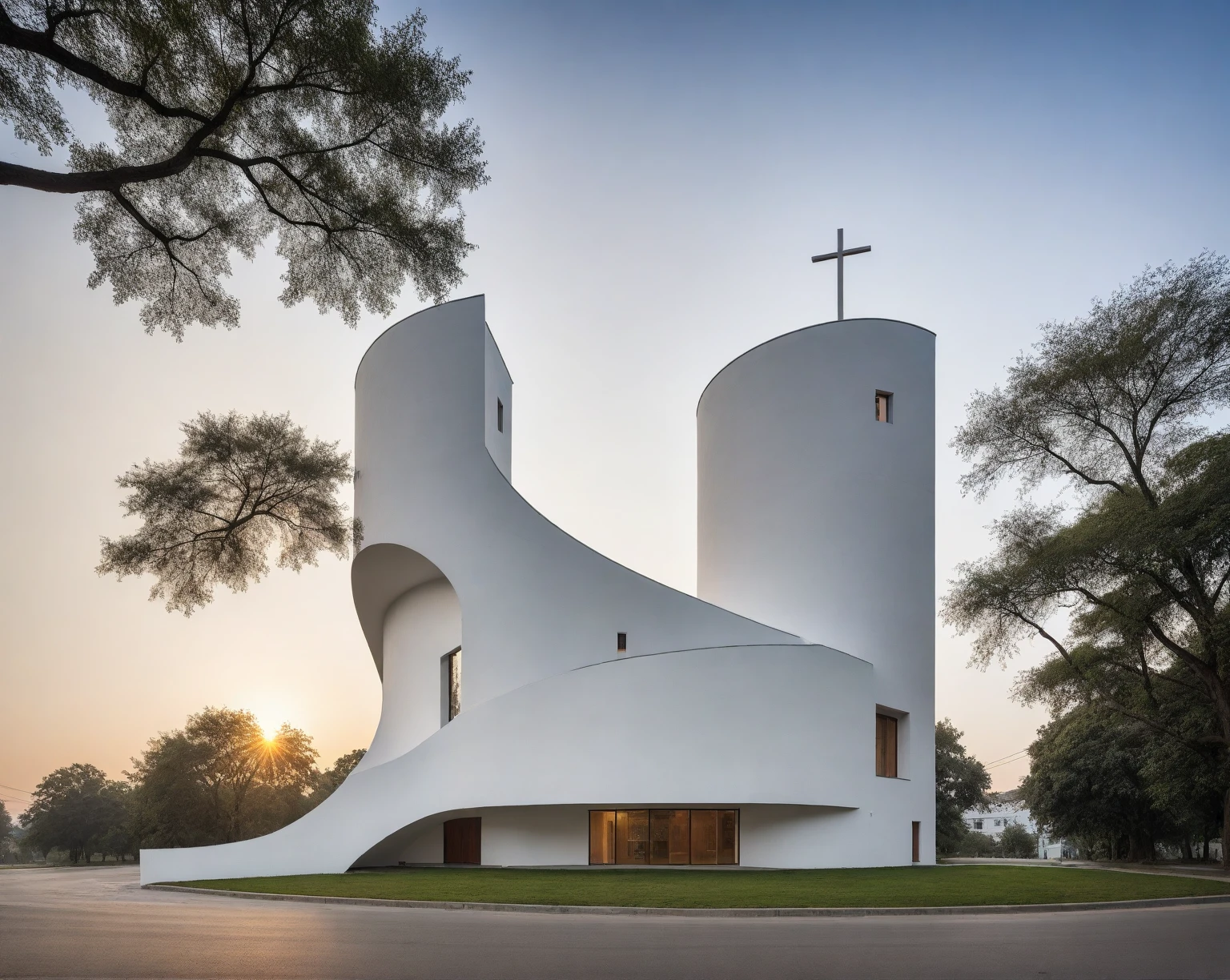 raw photo, best quality, ultra realistic, masterpiece, best quality skin, photography hd, dslr,
tcs, httlvn, modern church, road, people, house, facade design, outdoors, church, white walls, cross on top, curved shape building, 
Dusk, sunshine, 
View from a tree, dof view, 