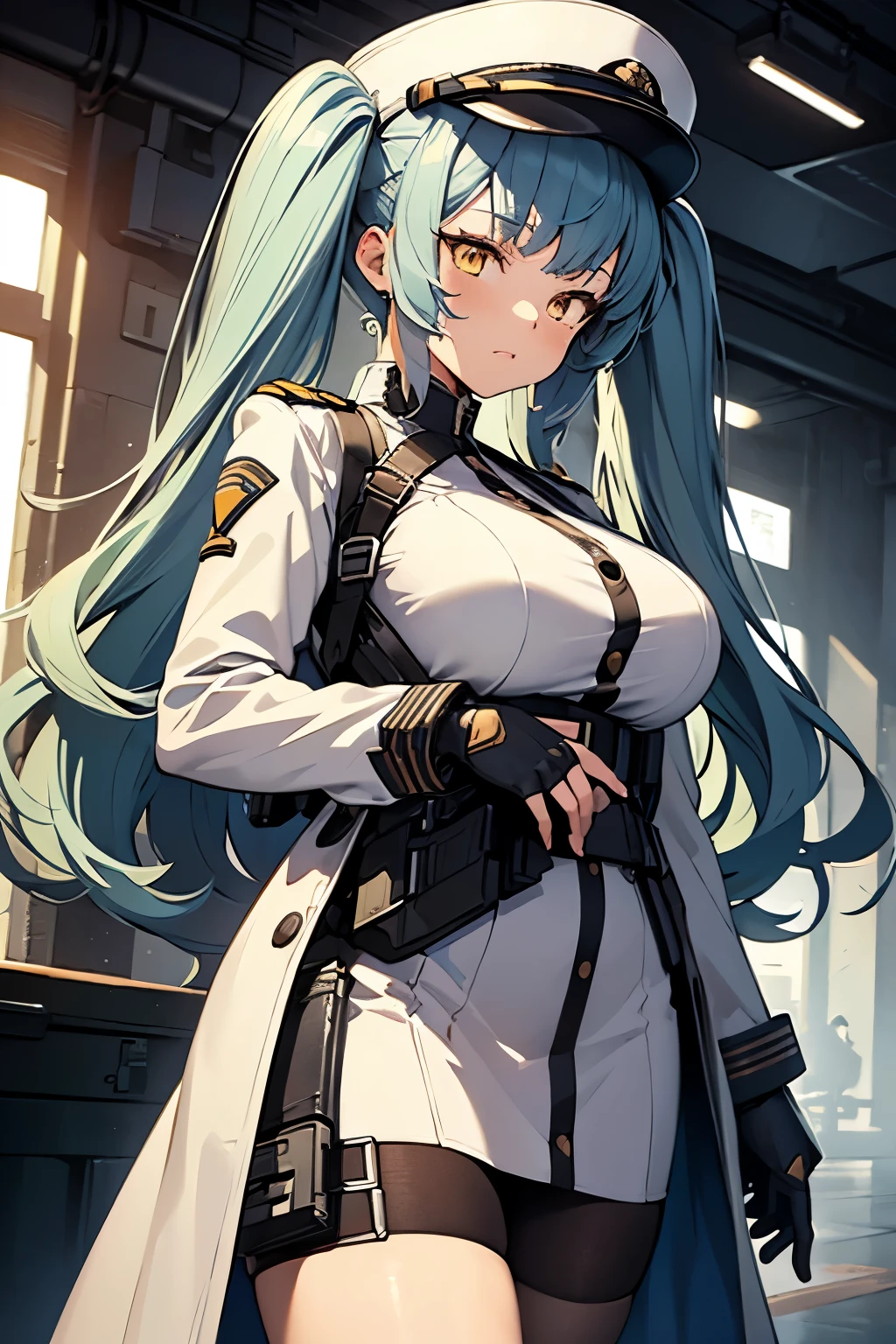 (best quality:1.3), (masterpiece:1.3), (illustration:1.3), (ultra-detailed:1.3), (mid shot:0.9), 1girl, solo, military uniform, long sleeves, straps, black thighhighs, white uniform, large breasts, yellow eyes, blue hair, twin tails, holster, hat, embarrassed, tsundere, looking at viewer, gloves, coat,