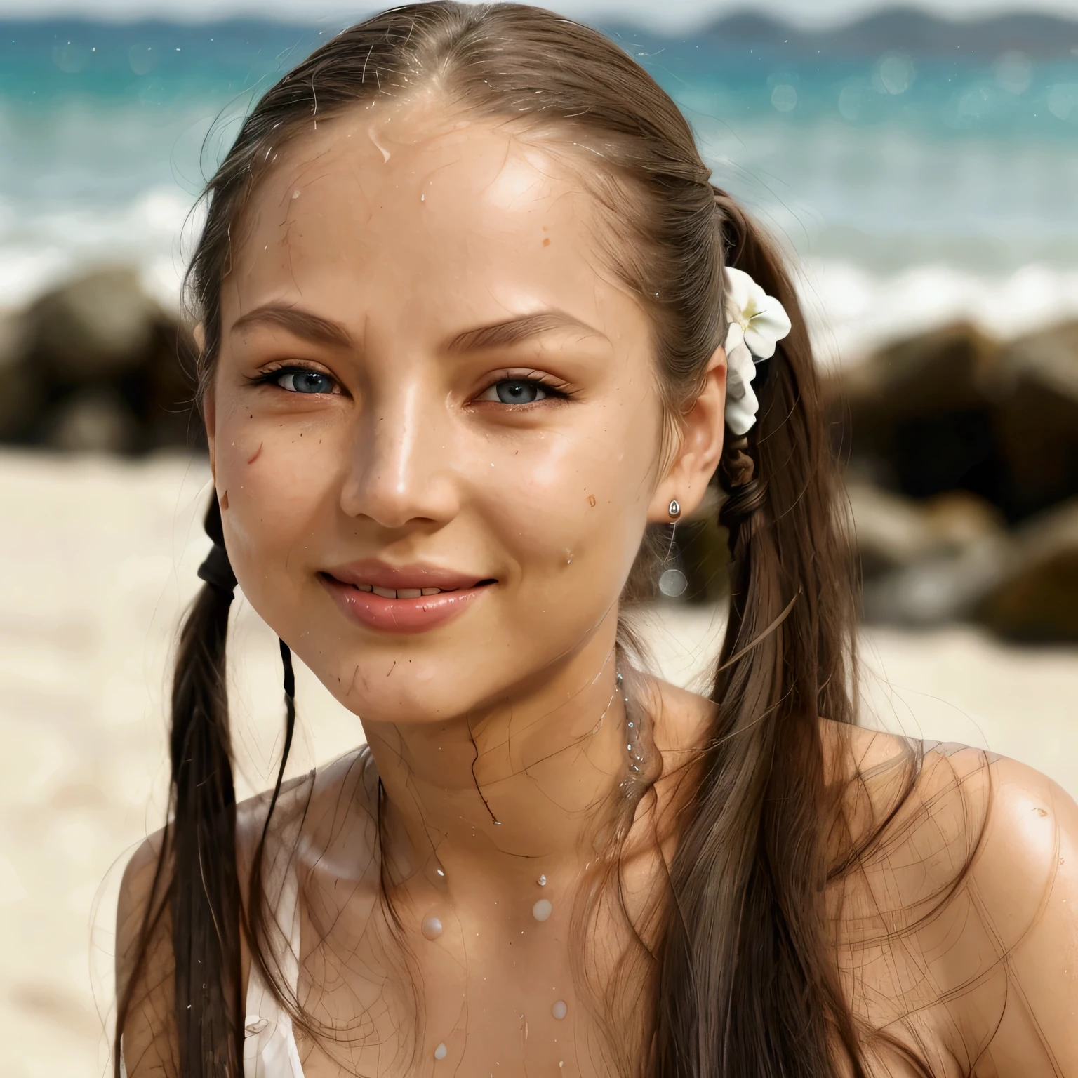 Jeune femme brune de 25 ans, visage fin, cheveux long et noirs, yeux marrons, se baignant en mer au soleil couchant, ciel rose, bas de maillot de bain rouge, aux seins nus, wet hair