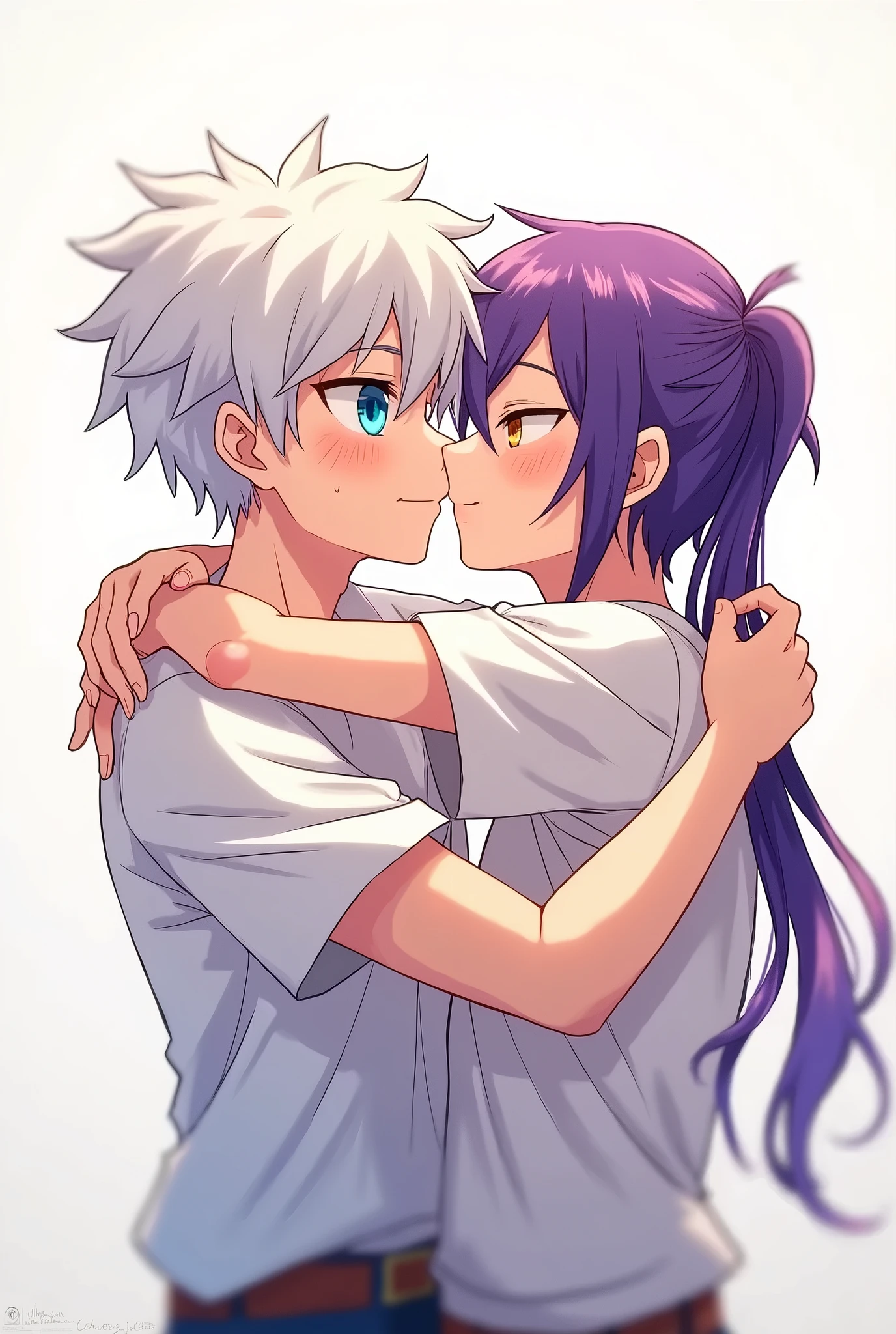 Aesthetic drawing of a couple with their arms crossed, back to back but looking at each other. blonde with purple hair highlights and white blouse with the words Love Lu makes in purple. white curly hair black purple blouse written Love Lu makes in white color.