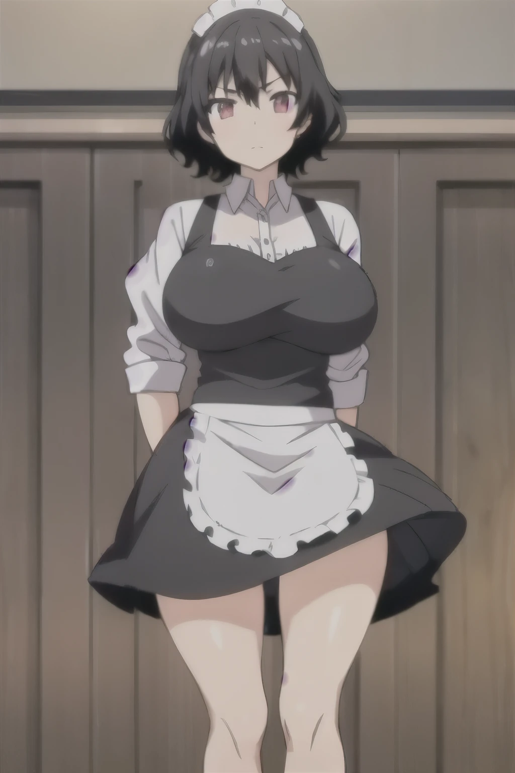 masterpiece, highest quality, High resolution, 1girl, 1boy, The man is obese and has a shaved head., ((((Sexual intercourse, porn image, hard porn)))), short hair, etsukoto, Detailed eyes, Detailed eyes, (((thick thighs, plamp thighs, voluptuous thighs, ample thighs))), Big and ample breasts, cleavage, Huge long breasts, Naughty big,((Big breasts are important))、((Naughty thighs)), L Cup, (thin:1.4),(Thin waist:1.4), (Perfect beautiful yellow dress:1.4), ((White waist apron)), Embarrassed look, look away, (((simple background))), white panty, ((wide hips)), Shiny oily skin, Mature mother, Calf, Seductive mature woman, Perfect body, flesy, Plus Size Model, etsukoto, blush, clavicle, retro artstyle, 1990s (style), naked,