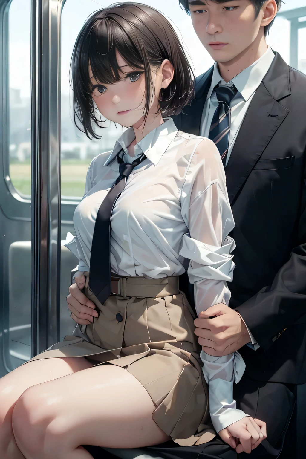 A woman wearing a navy blue flight attendant uniform with a red ribbon is molested by a man in a suit while standing on a train., (hand in panties)、doggystyle, Exact number of hands, with the bra on, show off bra, skirt, bra, panties, underwear, (shiny light blue satin レースpanties:1.3), (shiny light light blue satin lacy bra :1.3), panties that cover the butt、garter belt, knee socks, embarrassed expression, Feels good, I stopped using the toilet, skirt lift, think back, realistic