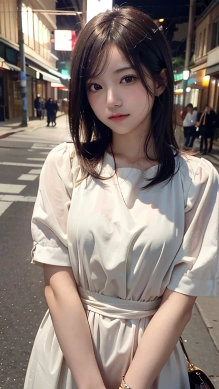 8K,(RAW photo),(Best quality), (photo-realistic:1.4),1 beautiful woman，Fiddling with your phone in the middle of the street，Short clothes，tmasterpiece， 1 beutiful girl， Detailed eyes， puffy eye， Best quality at best， hyper HD， （Realistis： 1.4）， RAW photogr， 1girll， cinmatic lighting， jpn， a asian beauty， Korea， Super beautiful， Beautiful skins， slim， body facing the front， （Ultra photo realsisim）， （A high resolution）， （8K），, ssmile,short detailed hair，Black shawl straight hair，46 points oblique bangs，High-definition detail、Hyper-detailing、cinematic ligh、ultra-realistic realism、Soft light、Deep field focus bokeh、with short black hair，White skin，famousartwork，s the perfect face，beauitful face，beautidful eyes，（（Perfect female body）），In a white blouse shirt，The shirt,pleatedskirt,