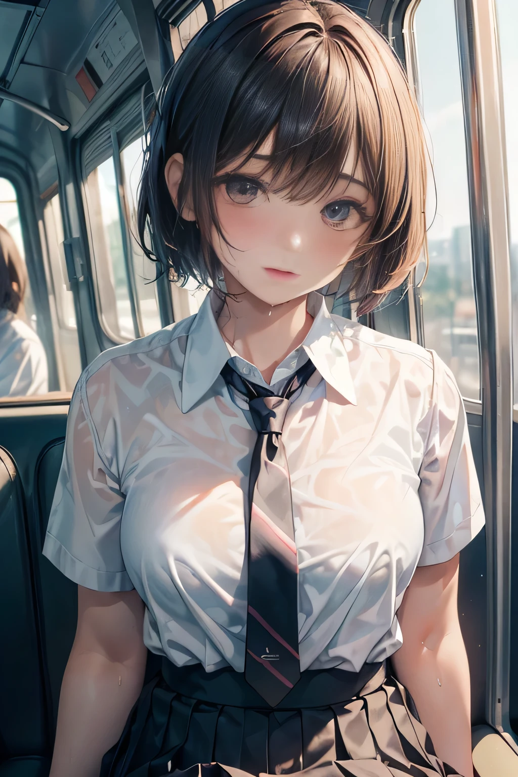 (masterpiece:1.2, highest quality), (realistic, photorealistic:1.4), beautiful illustrations,
looking at the viewer, whole body, Front view:0.6,
1 girl, Japanese, high School girl, ((bob hair:1.7, brown hair:1.3)), blown hair, bangs, hair between eyes, medium breasts:1.8,
beautiful hair, beautiful and detailed eyes, beautiful clavicle, beautiful breasts, beautiful thighs, beautiful feet, beautiful fingers,
(beautiful scenery), , School,
((collared short sleeve shirt, white shirt, , Grey plaid pleated skirt, blue plaid bow tie, choker)),
(Are standing, grab the hem of the skirt, put your hand on your chest, hand between legs, leaning forward),
blush, (Eyes glowing pink:1.6)