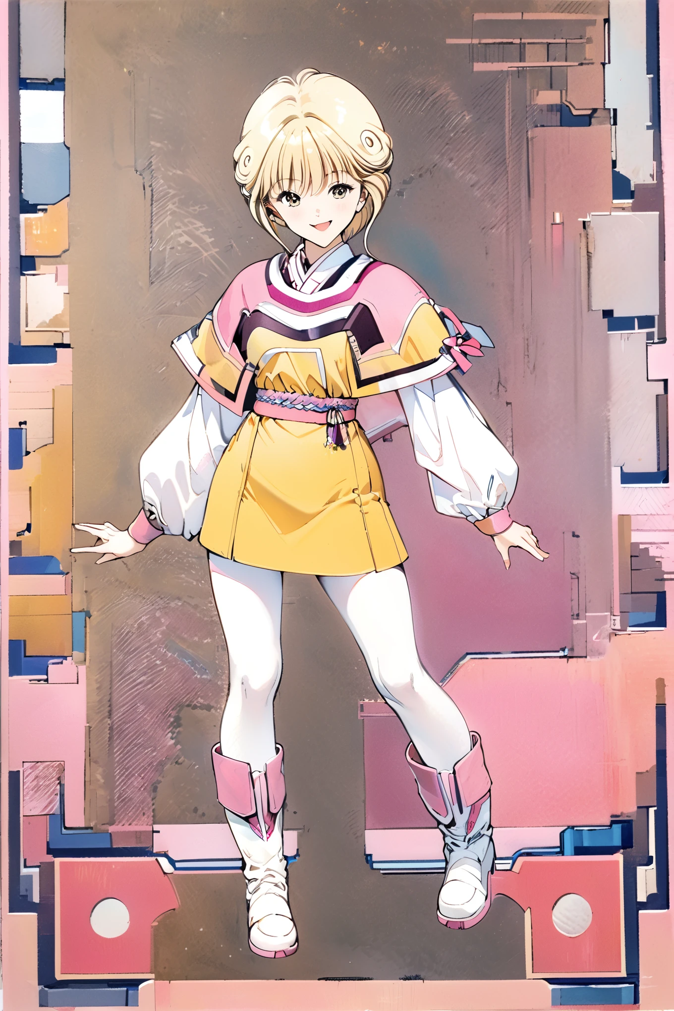 Amano Ai,Alone,1 girl,Full Body,short hair,Brown eyes,White shoes,smile,口を閉じたsmile,((Omega shaped mouth)),boots,Watching the audience,Face approaching the camera,Long sleeve,Blonde,Standing,Yellow short dress, White Pantyhose, White capelet, Pink Obi, Pink Ribbon,Traditional Media, Detailed computer circuit background