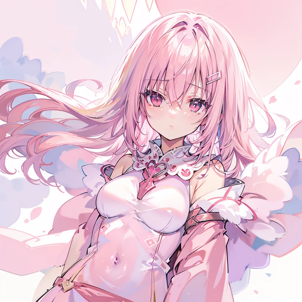 Amazing background above the clouds，Pink Hair，Red Eyes，Soft and creamy white clothing，There is a pink shawl，Cute milky big collar，cute ，2D Style