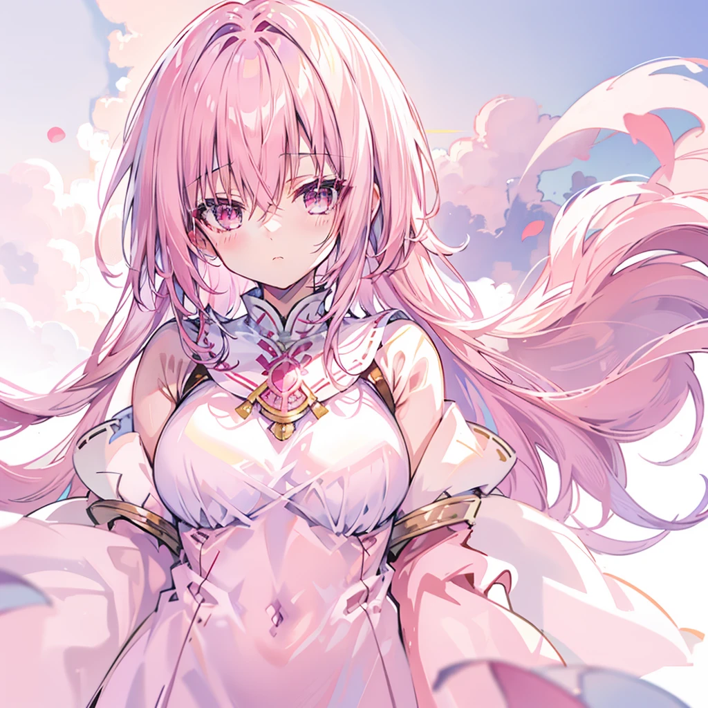 Amazing background above the clouds，Pink Hair，Red Eyes，Soft and creamy white clothing，There is a pink shawl，Cute milky big collar，cute ，2D Style