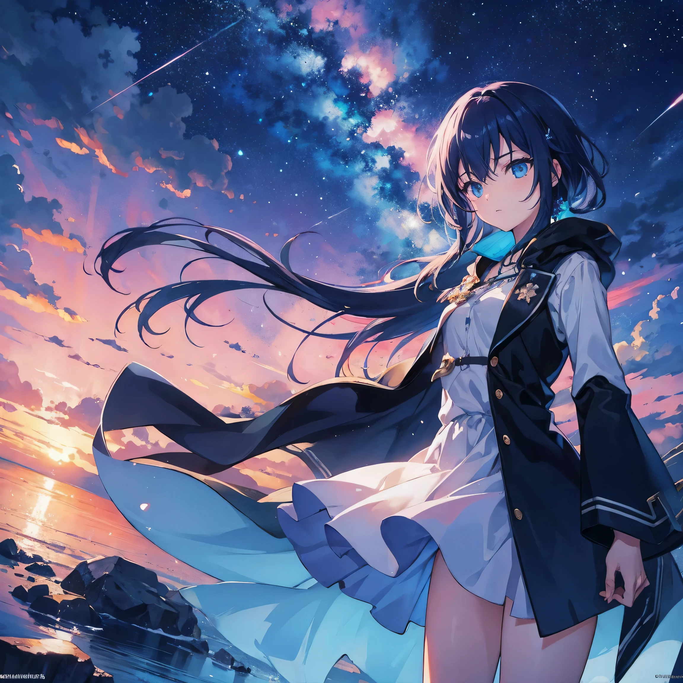 1 girl, Eye, close up, Beautiful night sky, Meteor Shower, Beyond the clouds, Surrounded by water, Reflection, Wide Angle, Magnificent clouds, Wide Angle, by makoto shinkai, Thomas Kinkade, James Girard, author：holosomnialandscape, HDR, Volumetric Lighting, Ray Tracing, complex, High Detail, Very detailed, both sides, 4k vertical screen wallpaper,, Colorful, Light, Anime illustrations, Anime Nature Wallpaper