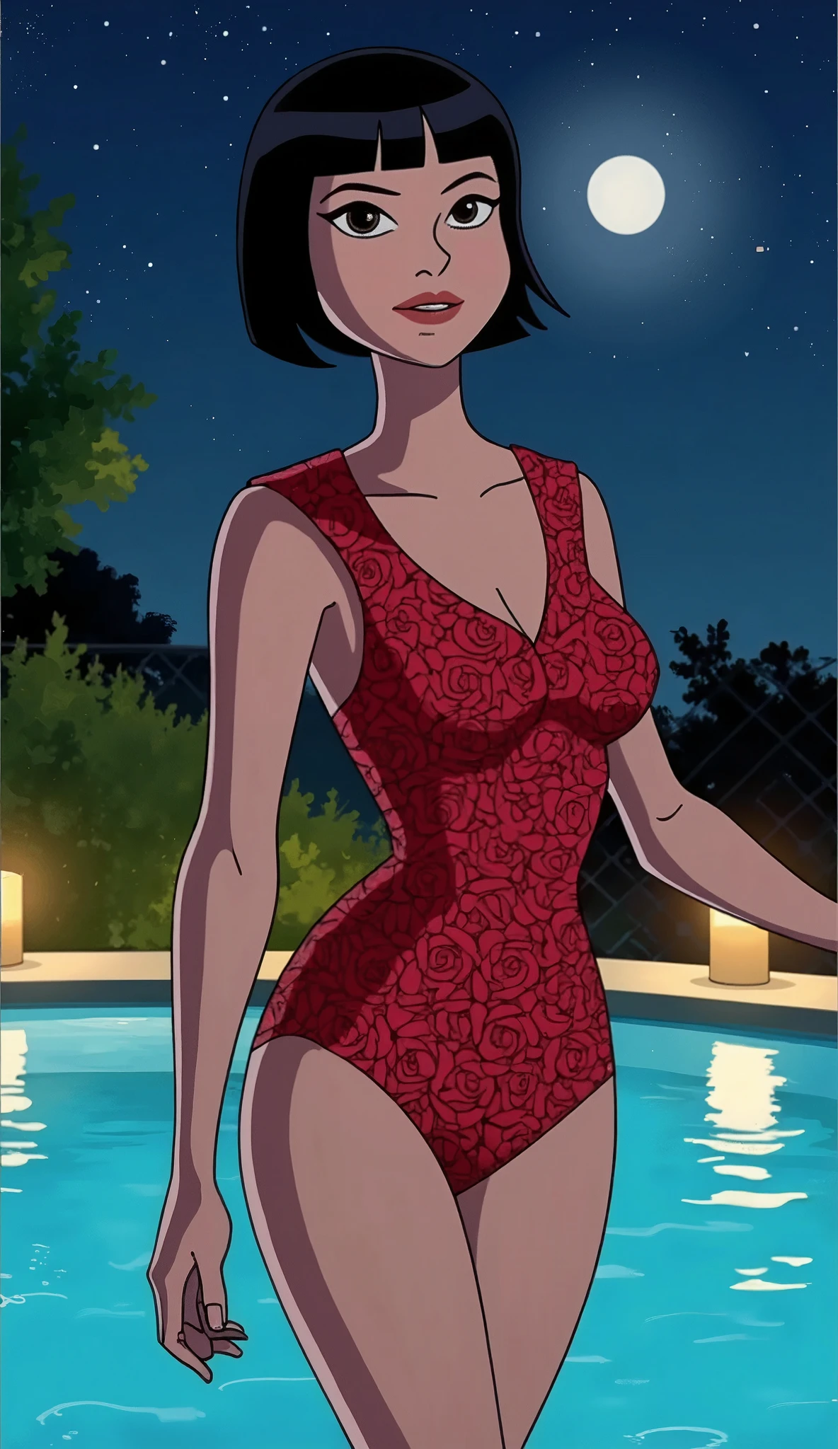 A woman standing in a pool at night, with a swimsuit made entirely of red rose petals, Each petal delicately arranged along its body. Moonlight reflects on the water and candles float nearby, creating a serene and romantic atmosphere. The front view highlights the intricate design of the petals as she looks up at the moon