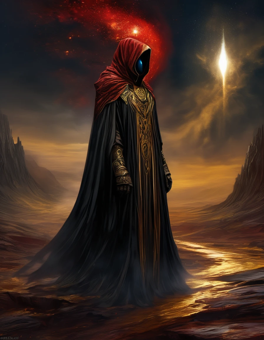 Cliff, wasteland, biopunk character, robe, no face, but only a head shape, 3/4 close, ethereal, black and golden and red artwork