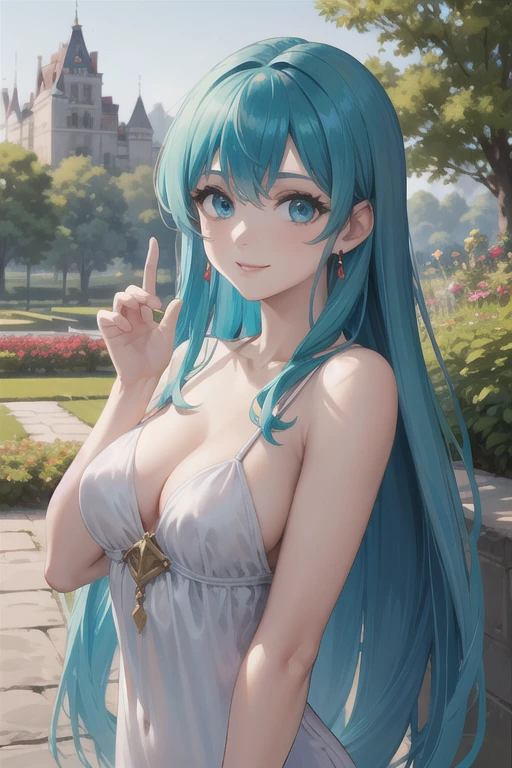 smile, def_eirika, teal hair, jewelry, earrings, garden,castle,outdoors,(masterpiece, best quality, ultra-detailed, best shadow), naked 