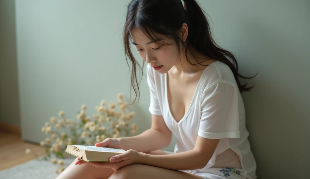 A girl reads in her bedroom，The picture is warm