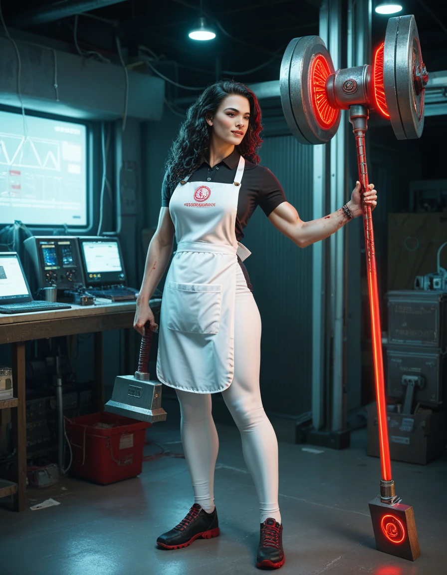 (sfw),(full length portrait), (wide angle), 1woman, goddess of the forge, Hephaestus, middle-aged woman in her 40s, slim toned physique, medium length wavy black hair with red streaks, burn scars on chest and arms, wearing leather apron with glowing symbols, tight black button up shirt under apron, wearing skin tight white leggings under apron, ((she swings a huge hammer in one hand over her head)), hammer is glowing green, she stands at an angelic anvil, (set inside a massive robotic factory), detailed facial features, piercing eyes, refined jawline, masterpiece, 8k, ((hyper realistic)), 3/4 profile view, cinematic lighting, dramatic shadows, warm color tones, intricate details, action poster art style, glowneon 