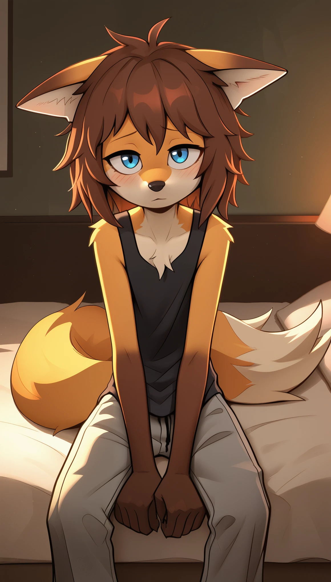 masterpiece, best quality, shy expression, 1boy, anthro, furry, fur, fluffy fur, fox boy, furry, fox ears, animal nose, blue eyes, fox tail, brown hair, medium hair, messy hair, solo, (bedroom), (sunset), detailed, sitting on bed, (black sleeveless shirt), (baggy gray pants), timid, looking at the viewer, teenager (15 years), (jizoku), child, young, oversized pants, oversized clothing, score_9, score_8_up, score_7_up, score_6_up, score_5_up, score_4_up