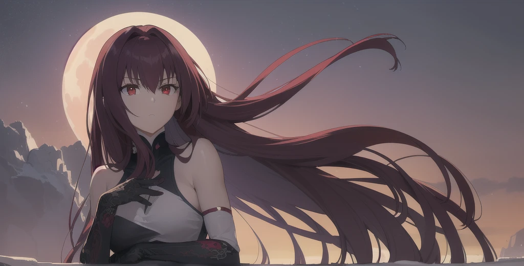 Scathach, Scathach, Long Hair, Purple Hair, (Red eyes:1.5),
(Fits your body,Black rider suit,Sleeveless)
break outdoors, moon,
break looking at viewer, 
break (masterpiece:1.2), Best Quality, High resolution, Unity 8K Wallpaper, (figure:0.8), (Beautiful detailed eyes:1.6), Highly detailed face, Perfect lighting, Extremely detailed CG, (Perfect hands, Perfect Anatomy),