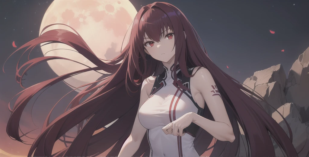 Scathach, Scathach, Long Hair, Purple Hair, (Red eyes:1.5),
(Fits your body,Black rider suit,Sleeveless)
break outdoors, moon,
break looking at viewer, 
break (masterpiece:1.2), Best Quality, High resolution, Unity 8K Wallpaper, (figure:0.8), (Beautiful detailed eyes:1.6), Highly detailed face, Perfect lighting, Extremely detailed CG, (Perfect hands, Perfect Anatomy),