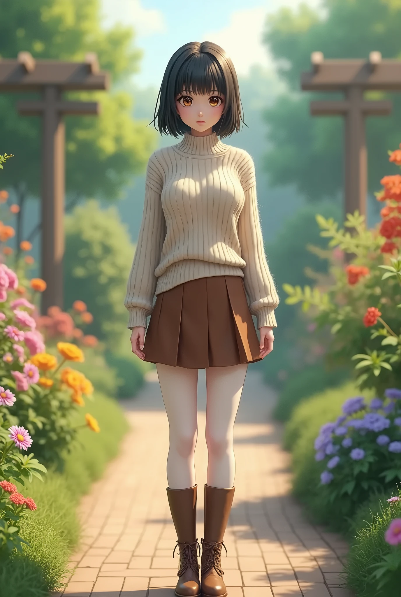 Anime girl in a short skirt and sweater standing on a path - SeaArt AI