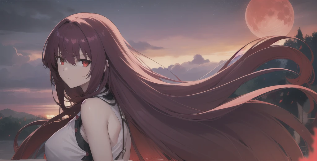 Scathach, Scathach, Long Hair, Purple Hair, (Red eyes:1.5),
(Fits your body,Black rider suit,Sleeveless)
break outdoors, Red Moon,
break looking at viewer, 
break (masterpiece:1.2), Best Quality, High resolution, Unity 8K Wallpaper, (figure:0.8), (Beautiful detailed eyes:1.6), Highly detailed face, Perfect lighting, (Perfect hands, Perfect Anatomy),