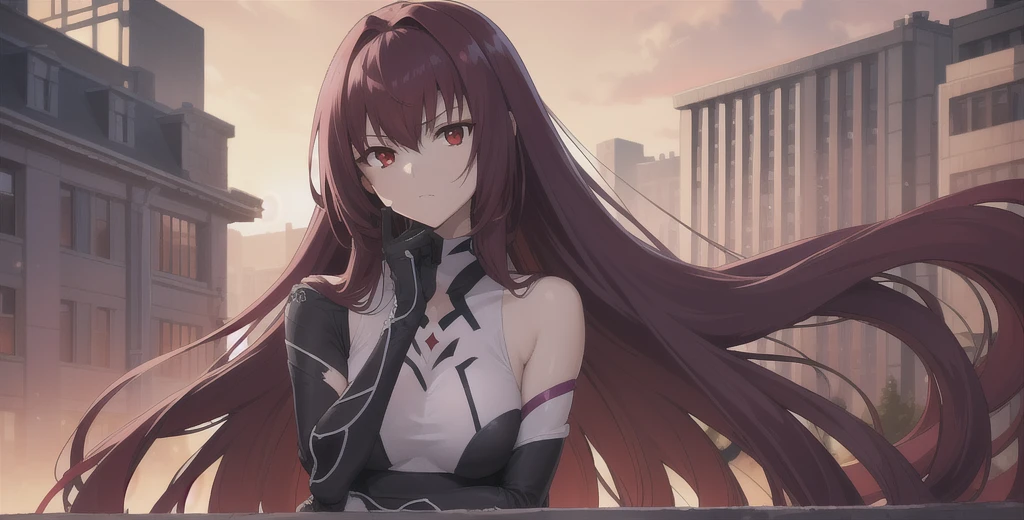 Scathach, Scathach, Long Hair, Purple Hair, (Red eyes:1.5),
(Fits your body,Black rider suit,Sleeveless)
break outdoors, Red Moon,
break looking at viewer, 
break (masterpiece:1.2), Best Quality, High resolution, Unity 8K Wallpaper, (figure:0.8), (Beautiful detailed eyes:1.6), Highly detailed face, Perfect lighting, (Perfect hands, Perfect Anatomy),