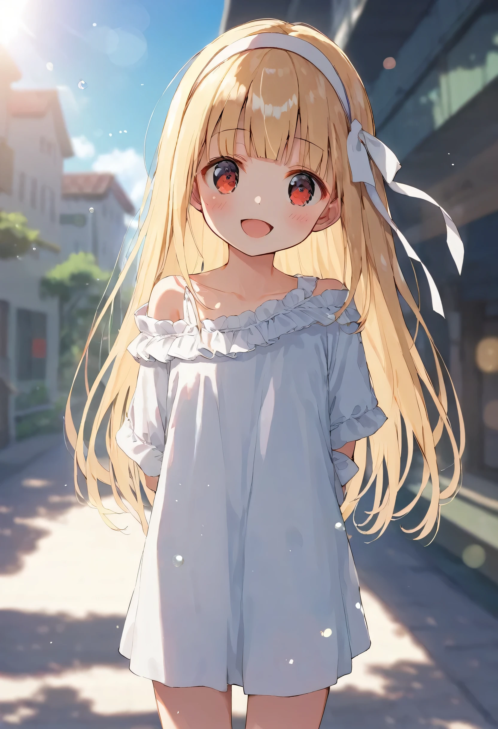 [WAI-ANI-NSFW-PONYXL:100],
score_9, score_8_up, score_7_up, score_6_up, score_5_up, score_4_up, masterpiece, best quality, source_anime, 
solo,cute 1girl,(child1.5),blonde hair,straight long hair,blunt bangs,white ribbon hairband,red eyes,blush,open mouth smile,white off shoulder shirt,ピンクのミニスカ、pastel hues,walking in the seaside path,blurred edges,nostalgic mood,(dappled sunlight:1.2),blurry,(depth of field:1.1),arms behind back,Mediterranean Buildings,blue sky
