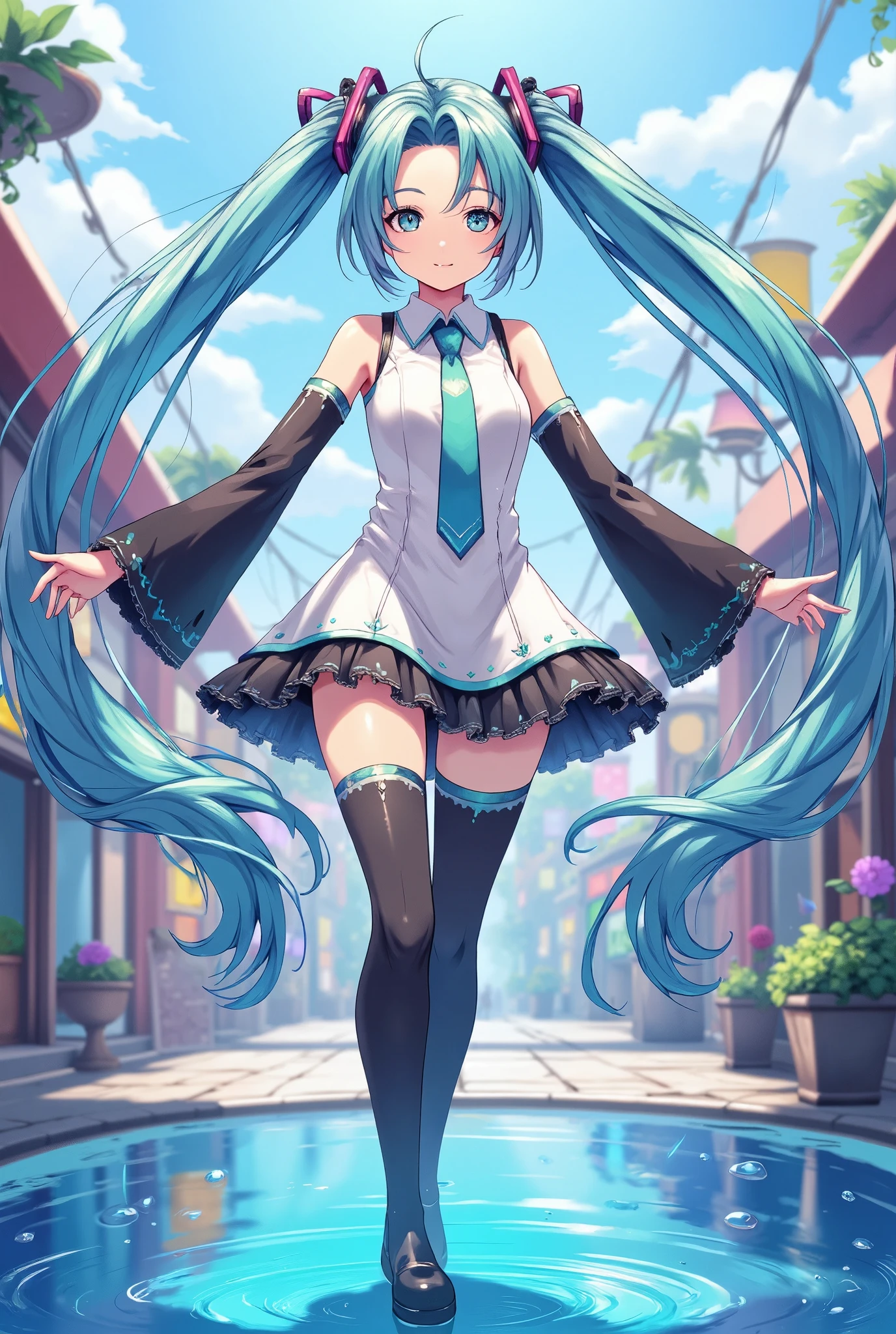 (masterpiece、Best Quality、Best Quality、Official Art、Beautiful and beautiful:1.2)、(One person:1.3)Hatsune Miku、Twin tails,Beautiful breasts,(masterpiece、Please redeem、Please redeem、Official Art、Beautiful and beautiful:1.2)、(One Girl:1.3)Hatsune Miku、Twin tails,Big Breasts,Absurd, High resolution,, (One Girl, Alone), Big Eyes,, Townscape,, (Water effect, Light effects, The wings flutter:1.2),Chubby