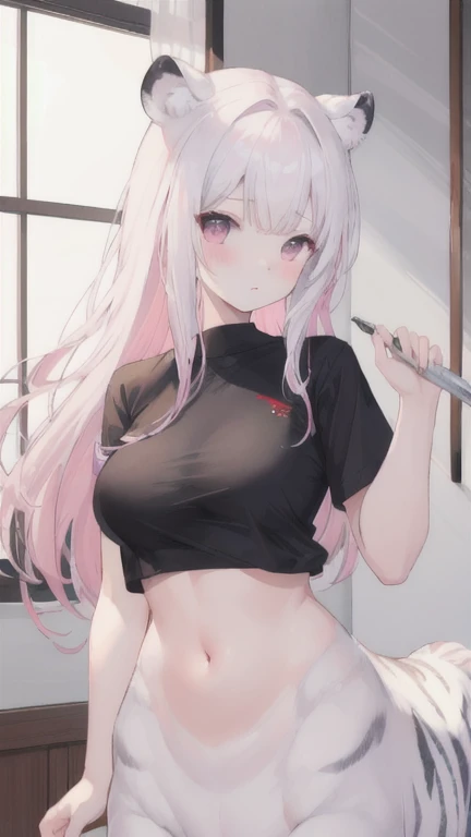 (best quality, masterpiece), 1 girl, centaur, It takes, White skin, Korean , ((23 years old)),black pink,Smiling, exposing the abdomen, belly button t-shirt , 아름다운 소녀 perfect white tiger photo, perfect white tiger photo