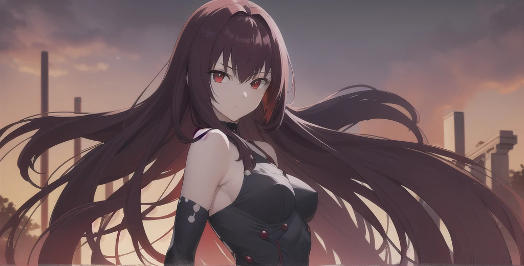 Scathach, Scathach, Long Hair, Purple Hair, (Red eyes:1.5),
(Fits your body,Black rider suit,Sleeveless)
break outdoors, Red Moon,night,
break looking at viewer, 
break (masterpiece:1.2), Best Quality, High resolution, Unity 8K Wallpaper, (figure:0.8), (Beautiful detailed eyes:1.6), Highly detailed face, Perfect lighting, (Perfect hands, Perfect Anatomy),